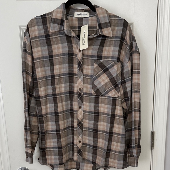 Impressions Tops - Impressions Women's Plaid Button Down Shirt - Black, Brown, and Cream